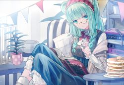 Rule 34 | 1girl, animal ears, arknights, bear ears, blunt bangs, book, braid, butter, closed mouth, dress, flower, food, frilled hairband, frills, green eyes, green hair, hair flower, hair ornament, hairband, istina (arknights), istina (bibliosmia) (arknights), long hair, looking at viewer, monocle, official alternate costume, pancake, pancake stack, plant, plate, potted plant, red hairband, russian clothes, sarafan, seia (tikxxx), sitting, solo, twin braids