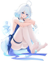 Rule 34 | 1girl, ascot, bare arms, bare shoulders, blue ascot, blue dress, blue hair, dress, drop-shaped pupils, feet, full body, furina (genshin impact), genshin impact, gloves, highres, knees up, legs, light blue hair, looking at viewer, mismatched pupils, multicolored hair, no bra, no shoes, open mouth, panties, pantyhose, qing wu, soles, solo, spread toes, streaked hair, symbol-shaped pupils, toes, underwear, white gloves, white panties, white pantyhose