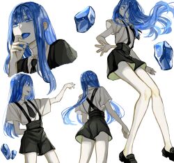Rule 34 | 1other, absurdres, arm behind back, arm up, back, black necktie, black shirt, black shorts, blue eyes, blue hair, blue nails, blunt bangs, collared shirt, colored skin, cropped legs, from behind, from below, gem, gem uniform (houseki no kuni), hair over one eye, highres, hime cut, houseki no kuni, iciriini, lapis lazuli (gemstone), lapis lazuli (houseki no kuni), long hair, multiple views, nail polish, necktie, open mouth, other focus, portrait, profile, puffy sleeves, shirt, shorts, sidelocks, simple background, smile, solo, straight hair, suspender shorts, suspenders, white background, white shirt, white skin, wing collar