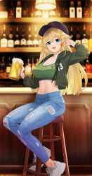 Rule 34 | 1girl, ak-47 (girls&#039; frontline), alcohol, alternate costume, bar (place), baseball cap, beer, blonde hair, blue eyes, bottle, breasts, cleavage, crop top, cropped jacket, cup, denim, full body, girls&#039; frontline, green jacket, hat, highres, holding, holding cup, hood, hooded jacket, jacket, jeans, long hair, looking at viewer, midriff, navel, open mouth, pants, samsam s2s, shoes, sitting, smile, sneakers, solo, teeth, torn clothes, torn jeans, torn pants, twitter username, upper teeth only, white footwear