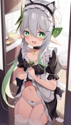 Rule 34 | 1girl, apron, blush, chintora0201, clothes lift, cross-shaped pupils, dress, frills, garter straps, genshin impact, gradient hair, green eyes, green hair, grey hair, hair between eyes, hair ornament, highres, lace, lace-trimmed panties, lace trim, long hair, looking at viewer, maid, maid apron, maid headdress, multicolored hair, nahida (genshin impact), navel, panties, pointy ears, puffy sleeves, side ponytail, sidelocks, skirt, skirt lift, solo, symbol-shaped pupils, thighhighs, thighs, underwear, white hair