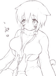 Rule 34 | 1girl, animal ears, blush, breasts squeezed together, breasts, greyscale, huge breasts, monochrome, mutsutake, short hair, sketch, solo focus, sweater, tail