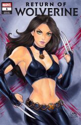 Rule 34 | 1girl, animification, black hair, chain belt, claws, comic cover, green eyes, highres, leather, leather pants, marvel, navel, pants, solo, superhero costume, weijic, x-23, x-men