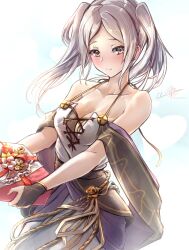 Rule 34 | 1girl, absurdres, artist name, bare shoulders, blush, breasts, brown eyes, clear glass (mildmild1311), cleavage, collarbone, fire emblem, fire emblem awakening, fire emblem heroes, flower, gift, grey hair, hair flower, hair ornament, heart, highres, holding, holding gift, large breasts, looking at viewer, medium hair, nintendo, off shoulder, official alternate costume, robin (female) (fire emblem), robin (female) (valentine) (fire emblem), robin (fire emblem), signature, sleeveless, smile, solo, twintails, twitter username