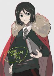 Rule 34 | 1boy, black hair, black pants, bob cut, book, cape, closed mouth, collared shirt, cosplay, cowboy shot, ebanoniwa, fate/zero, fate (series), fur-trimmed cape, fur trim, green eyes, green sweater, grey necktie, hand on own hip, happy birthday, highres, holding, holding book, iskandar (fate), iskandar (fate) (cosplay), looking at viewer, male focus, necktie, pants, red cape, shirt, simple background, smile, solo, standing, sweater, waver velvet, white background, white shirt, wing collar