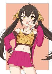 Rule 34 | 1girl, absurdres, animal print, bare shoulders, black hair, blush, camisole, cowboy shot, crop top, etsutsuni, hair ribbon, heart, heart necklace, highres, idolmaster, idolmaster cinderella girls, jacket, jewelry, leopard print, long hair, looking at viewer, matoba risa, miniskirt, navel, necklace, off shoulder, open clothes, open jacket, open mouth, pink jacket, pink nails, pink skirt, print ribbon, ribbon, sketch, skirt, smile, solo, twintails, v, yellow eyes