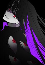 Rule 34 | 1girl, black background, black coat, black hair, coat, colored inner hair, e.g.o (project moon), limbus company, multicolored hair, pale skin, project moon, purple hair, red eyes, ryoshu (project moon), simple background, solo, sonhy, upper body