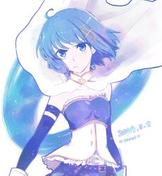 Rule 34 | 1girl, antenna hair, artist name, belt, blue belt, blue eyes, blue hair, blue skirt, blue theme, cape, collarbone, dated, detached sleeves, gloves, highres, hiyo (jkly), looking at viewer, magical girl, mahou shoujo madoka magica, mahou shoujo madoka magica (anime), miki sayaka, short hair, skirt, solo, soul gem, white cape, white gloves