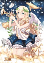 Rule 34 | 1girl, ahoge, aqua eyes, bare shoulders, bird, blonde hair, cotton (congcotton), feathered wings, french text, giraffe, head wreath, highres, instrument, lion, long hair, original, sheep, skirt, solo, star (symbol), swan, trumpet, very long hair, whale, wings