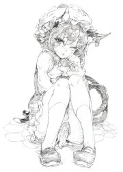 Rule 34 | 1girl, animal ears, bad id, bad pixiv id, between legs, bow, cat ears, cat tail, chen, colored pencil (medium), covering privates, covering crotch, dress, ear piercing, earrings, greyscale, hand between legs, hat, highres, jewelry, long sleeves, looking at viewer, mob cap, monochrome, multiple tails, nekomata, one eye closed, open mouth, oshake, piercing, pigeon-toed, shirt, single earring, sitting, solo, tail, touhou, traditional media, wink