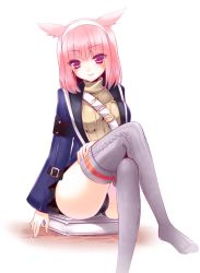 Rule 34 | 10s, 1girl, animal ears, bad id, bad pixiv id, black panties, blush, book, breasts, cat ears, crossed legs, facial mark, final fantasy, final fantasy xiv, grey thighhighs, hairband, hlz, looking at viewer, miqo&#039;te, panties, pink eyes, pink hair, ribbed sweater, scholar (final fantasy), short hair, sitting, smile, solo, sweater, thighhighs, underwear, warrior of light (ff14)