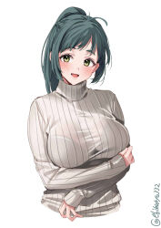 Rule 34 | 1girl, blush, bra visible through clothes, braid, breasts, cropped torso, ebifurya, green eyes, green hair, high ponytail, highres, irako (kancolle), kantai collection, large breasts, long hair, long sleeves, looking at viewer, one-hour drawing challenge, open mouth, see-through, sidelocks, simple background, sleeves past wrists, smile, solo, sweater, turtleneck, turtleneck sweater, twitter username, upper body, white background