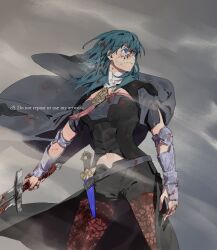 Rule 34 | 1girl, 91007, arm guards, artist name, black shorts, blood, blood in hair, blood on clothes, blood on face, bloody weapon, blue eyes, blue hair, breasts, byleth (female) (fire emblem), byleth (fire emblem), cape, closed mouth, dagger, fire emblem, fire emblem: three houses, floating cape, frown, grey cape, highres, holding, holding sword, holding weapon, knife, legs apart, medium breasts, medium hair, navel, nintendo, pantyhose, pantyhose under shorts, red pantyhose, shorts, solo, split mouth, standing, sword, weapon