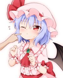 Rule 34 | 1girl, :t, ascot, bat wings, blue hair, blush, hat, highres, mob cap, one eye closed, pink hat, red ascot, red eyes, remilia scarlet, short hair, simple background, solo focus, suwa yasai, touhou, white background, wings, wrist cuffs