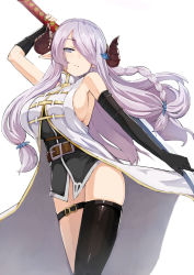 Rule 34 | 1girl, arm up, asymmetrical gloves, asymmetrical legwear, black gloves, black thighhighs, bottomless, braid, breasts, cape, elbow gloves, fingerless gloves, floating hair, gloves, granblue fantasy, grey eyes, hair over one eye, highres, holding, holding sword, holding weapon, horns, huge breasts, katana, long hair, looking at viewer, narmaya (granblue fantasy), parted lips, pen (pen3), pointy ears, sideboob, silver hair, simple background, solo, standing, sword, thigh strap, thighhighs, uneven gloves, uneven legwear, very long hair, weapon, white background, white cape