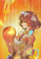 1girl bare_shoulders black_necktie bridal_gauntlets brown_hair detached_collar detached_sleeves dress final_fantasy final_fantasy_xiv from_side glowing highres holding holding_orb medium_hair muanew11 necktie orange_background orb smile solo sphene_(ff14) tiara upper_body yellow_dress yellow_eyes