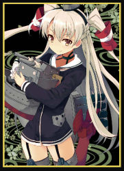 Rule 34 | 10s, 1girl, amatsukaze (kancolle), brown eyes, cannon, dress, garter straps, gloves, hair tubes, kantai collection, long hair, looking at viewer, mieharu, red thighhighs, rensouhou-kun, sailor dress, silver hair, striped clothes, striped thighhighs, thighhighs, torpedo, turret, twintails, two side up