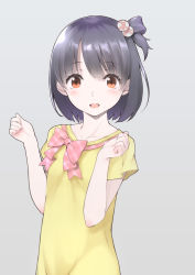 Rule 34 | 1girl, :d, black hair, blush, brown eyes, collarbone, commentary request, hair ornament, highres, idolmaster, idolmaster million live!, looking at viewer, nakatani iku, ooji, open mouth, short hair, side ponytail, simple background, smile, solo, upper body