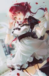 Rule 34 | 1girl, 2sham, alternate costume, breasts, choker, coin, collarbone, cuff links, dress, garter straps, hair between eyes, hand up, heterochromia, highres, hololive, houshou marine, long hair, looking at viewer, maid, maid headdress, medium breasts, petals, red eyes, ribbon, skindentation, smile, solo, standing, sunlight, thighhighs, twintails, virtual youtuber, white thighhighs