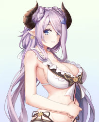 Rule 34 | 10s, 1girl, bikini, blue eyes, braid, breasts, cleavage, collarbone, cow girl, cow horns, draph, earrings, eyes visible through hair, female focus, from side, gradient background, granblue fantasy, groin, hair ornament, hair over one eye, hairclip, highres, horns, jewelry, large breasts, long hair, looking at viewer, muji (majunduo), narmaya (granblue fantasy), narmaya (summer) (granblue fantasy), own hands together, pointy ears, purple hair, side-tie bikini bottom, simple background, smile, solo, standing, swimsuit, white bikini