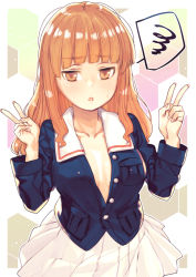 Rule 34 | 10s, 1girl, blue jacket, blunt bangs, breasts, double v, unworn eyewear, girls und panzer, jacket, long hair, long sleeves, looking at viewer, medium breasts, military, military uniform, miniskirt, no bra, no shirt, open clothes, open jacket, orange eyes, orange hair, parted lips, pleated skirt, skirt, solo, spoken squiggle, squiggle, standing, subachi, takebe saori, uniform, upper body, v, white skirt
