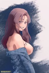 Rule 34 | 1girl, absurdres, alternate hair color, artist name, bambietta basterbine, bleach, blue shirt, breasts, brown eyes, brown hair, casual, commentary, english commentary, flannel, highres, large breasts, long hair, looking at viewer, nellyslewds, shirt, sideboob, smile, undressing