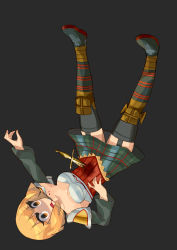 Rule 34 | 1girl, absurdres, armor, blonde hair, blood, breasts, brown eyes, detached sleeves, fgz, full body, highres, knife, medium breasts, open mouth, plaid, samantha (vagrant story), short hair, simple background, skirt, solo, stab, tattoo, thighhighs, vagrant story