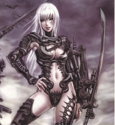 Rule 34 | armor, breasts, cleavage, green eyes, tattoo, weapon, white hair