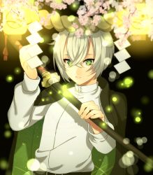 Rule 34 | 10s, 1boy, bad id, bad pixiv id, cherry blossoms, fireflies, green eyes, highres, hotarumaru, male focus, ootachi, parted lips, pentarou (2233456), personification, rope, shimenawa, silver hair, solo, sword, touken ranbu, upper body, weapon