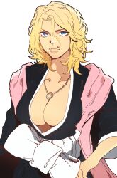 Rule 34 | 1girl, absurdres, black kimono, bleach, bleach: sennen kessen-hen, blonde hair, blue eyes, bow, breasts, center opening, cleavage, closed mouth, collarbone, cowboy shot, forehead, hair between eyes, hand on own hip, haori, highres, isaacchief300, japanese clothes, jewelry, kimono, large breasts, layered clothes, lips, looking at viewer, loose hair strand, matsumoto rangiku, medium hair, mole, mole under mouth, necklace, parted hair, pink shawl, plunging neckline, ring, ring necklace, sash, shawl, shihakusho, shinigami, simple background, sleeves past elbows, solo, standing, wavy hair, white background, white sash