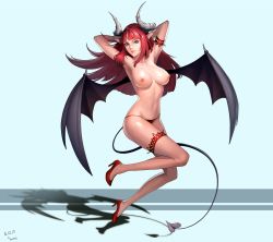Rule 34 | 1girl, absurdres, armband, armpits, arms behind head, arms up, artist name, bad id, bad pixiv id, bat wings, black wings, blue eyes, blunt bangs, breasts, c.honey, closed mouth, collarbone, dated, demon girl, demon horns, demon tail, eyelashes, full body, groin, high heels, highres, horns, large breasts, lips, long hair, long legs, looking at viewer, navel, nipples, original, panties, panties only, pink lips, pointy ears, puffy nipples, red footwear, red hair, red panties, shadow, shoes, solo, spread wings, stomach, string panties, tail, thigh strap, topless, underwear, underwear only, wings