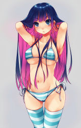 Rule 34 | 10s, 1girl, adjusting hair, armpits, arms up, bad id, bad pixiv id, bikini, blue eyes, blue hair, breasts, cameltoe, cleavage, collarbone, colored inner hair, covered erect nipples, earrings, female focus, grey background, groin, highres, hip focus, jewelry, large breasts, long hair, looking at viewer, matching hair/eyes, multicolored hair, navel, panty &amp; stocking with garterbelt, parted lips, side-tie bikini bottom, simple background, solo, standing, stocking (psg), striped bikini, striped clothes, striped thighhighs, swimsuit, thigh gap, thighhighs, thighs, tsuburaya 35, two-tone hair, underboob, wide hips
