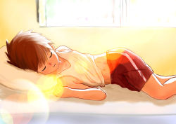 Rule 34 | 1boy, bed, blanket, boxers, brown eyes, child, closed eyes, glaring, indoors, light rays, living room, male focus, male underwear, pillow, red hair, shirt, shorts, sleeping, sleeveless, sleeveless shirt, solo, source request, sunbeam, sunlight, underwear, xingyuanlove