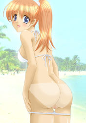 Rule 34 | 1girl, ass, beach, bikini, bikini pull, bikini tan, blue eyes, blush, breasts, brown hair, buta no hidume, censored, clothes pull, from behind, highres, large breasts, long hair, looking at viewer, looking back, ocean, open mouth, palm tree, ponytail, pussy, sand, sky, smile, swimsuit, tan, tanline, tree, water, white bikini