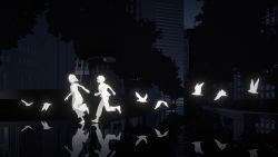 Rule 34 | 1boy, 1girl, bird, blurry, bob cut, building, city, commentary, dark, depth of field, dress, film grain, highres, looking at another, looking back, namito, open mouth, original, reflection, running, short hair, silhouette, smile, traffic light