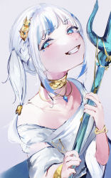 Rule 34 | 1girl, absurdres, blue eyes, blue hair, bracelet, braid, choker, dress, gawr gura, gawr gura (party dress), grin, hair ornament, highres, holding, holding polearm, holding weapon, hololive, hololive english, jewelry, looking at viewer, mile (off8mile), multicolored hair, official alternate costume, polearm, side ponytail, sideways glance, silver hair, simple background, smile, solo, streaked hair, trident, upper body, virtual youtuber, weapon, white dress, yellow choker