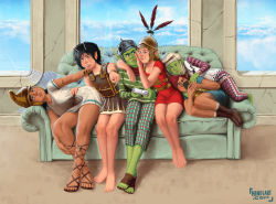 Rule 34 | 6+girls, absurdres, ancient greek clothes, antennae, armor, black hair, blush, breasts, brown hair, cleavage, cloud, controller, couch, elf, fairy, fairy wings, greco-roman clothes, greece, highres, hindsart, history, hoplite, huge filesize, large breasts, leather, light smile, looking at viewer, lying on person, metal, military, multiple girls, ogre, original, pointy ears, reclining, roman (sound horizon), roman armor, rome (city), short hair, sitting, smile, tunic, wings, yuri