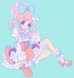 Rule 34 | 1girl, bad id, bad twitter id, blue background, blue bow, blue eyes, bow, closed mouth, frilled sleeves, frills, full body, hair bow, hand up, high heels, highres, idol clothes, kiratto pri chan, long hair, long sleeves, looking at viewer, momoyama mirai, pink footwear, pink hair, pink skirt, ponytail, pretty series, shoes, sidelocks, simple background, sitting, skirt, smile, socks, solo, v, white socks, zashima