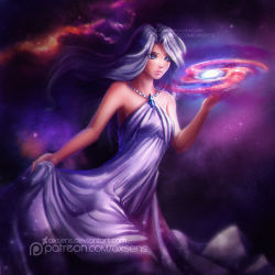 Rule 34 | 1girl, axsen, bare shoulders, blue eyes, blurry, deviantart username, dress, expressionless, eyelashes, galaxy, gem, gown, jewelry, lipgloss, lips, long dress, looking away, makeup, mascara, original, parted bangs, patreon, patreon username, pendant, purple theme, silver dress, silver hair, skirt hold, solo, space, star (sky), strapless, strapless dress, watermark, web address
