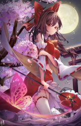 Rule 34 | 1girl, bow, breasts, brown hair, bug, butterfly, cherry blossoms, closed mouth, commentary request, detached sleeves, full moon, hair bow, hakurei reimu, highres, holding own arm, insect, medium hair, moon, outdoors, red bow, red eyes, red skirt, ribbon-trimmed sleeves, ribbon-trimmed thighhighs, ribbon trim, signature, skirt, smile, solo, thighhighs, torii, touhou, white thighhighs, wide sleeves, yomatsuri (festival night)
