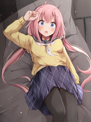 Rule 34 | :o, ahoge, bed, bed sheet, black pantyhose, black sailor collar, blue eyes, blue skirt, blush, commentary request, dot nose, from above, hair between eyes, hand up, highres, indoors, kagamihara nadeshiko, long hair, looking at viewer, low-tied long hair, lying, neckerchief, on back, open mouth, pantyhose, pillow, pink hair, plaid, plaid skirt, pleated skirt, raised eyebrows, sailor collar, school uniform, serafuku, shirt, sidelocks, skirt, sleeve cuffs, sure ibu, variant set, white neckerchief, wide-eyed, yellow shirt, yurucamp