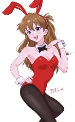 Rule 34 | 1girl, absurdres, alternate costume, animal ears, bare shoulders, black leotard, blue eyes, blush, bow, bowtie, breasts, brown hair, chinese zodiac, cleavage, covered navel, dated, detached collar, evangelion: 3.0+1.0 thrice upon a time, fake animal ears, fake tail, female focus, hair between eyes, hairband, hand on own hip, highres, leotard, long hair, looking at viewer, medium breasts, neon genesis evangelion, open mouth, pantyhose, playboy bunny, rabbit ears, rabbit tail, rebuild of evangelion, red nails, signature, smile, solo, souryuu asuka langley, strapless, strapless leotard, tail, thighs, tsunemoku, wrist cuffs, year of the rabbit