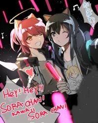 Rule 34 | 2girls, animal ears, arknights, black hair, cameo, doctor (arknights), energy wings, english text, exusiai (arknights), fake animal ears, female doctor (arknights), glowstick, halo, highres, multiple girls, one eye closed, red hair, shirt, sora (arknights), speech bubble, t-shirt, tianye toshi, wolf ears