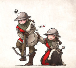 Rule 34 | 2girls, boots, bow (weapon), braid, braided ponytail, brown footwear, brown gloves, brown hair, closed eyes, closed mouth, commentary, crossbow, embarrassed, english commentary, gambeson, gloves, hand on another&#039;s ass, heart, helmet, holding, holding crossbow, holding weapon, ironlily, jitome, kneeling, multiple girls, on one knee, open mouth, original, reloading, sheath, sheathed, smile, standing, sword, twin braids, wavy mouth, weapon, yellow eyes