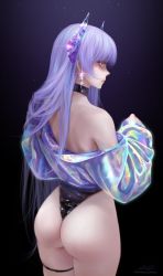 1girl ass backless_leotard borrowed_character cowboy_shot dark_background earrings from_behind halterneck horns jacket jewelry leotard long_hair looking_at_viewer m_alexa off_shoulder open_clothes open_jacket original purple_eyes purple_hair ringeko_(ringeko-chan) signature simple_background solo thigh_strap