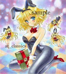 Rule 34 | 1girl, alice margatroid, animal ears, at classics, bad id, bad pixiv id, bare legs, bare shoulders, black pantyhose, blue eyes, blush, book, bow, bowtie, breasts, checkered floor, cleavage, doll, fake animal ears, female focus, floor, high heels, large breasts, leotard, lock, long hair, marker (medium), matching shanghai, pantyhose, playboy bunny, rabbit ears, rabbit tail, sample watermark, shanghai doll, shoes, short hair, solo, tail, touhou, traditional media, very long hair, watermark