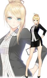 Rule 34 | 1girl, bare legs, black footwear, black jacket, black skirt, blonde hair, blouse, blue eyes, breasts, clipboard, collared shirt, formal, full body, hair bun, hand on own hip, high heels, holding, jacket, legs, legs apart, long sleeves, looking at viewer, medium breasts, miniskirt, office lady, pencil skirt, shirt, shoes, side slit, simple background, single hair bun, skirt, skirt suit, smile, solo, standing, striped clothes, striped shirt, suit, swept bangs, tony taka, vertical-striped clothes, vertical-striped shirt, white background, white shirt