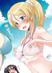 Rule 34 | 10s, 2014, 3girls, absurdres, adjusting clothes, adjusting swimsuit, ayase eli, bandeau, bikini, black hair, blonde hair, blue eyes, blush, breast envy, breasts, covered erect nipples, dated, day, flying sweatdrops, halterneck, head out of frame, highres, long hair, love live!, love live! school idol project, medium breasts, multiple girls, nipples, o-ring, o-ring top, okara, open mouth, ponytail, red eyes, scrunchie, see-through, see-through bikini, signature, sweat, swimsuit, tojo nozomi, translation request, twintails, yazawa nico
