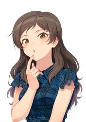 Rule 34 | 1girl, blue shirt, brown eyes, brown hair, collared shirt, commentary, finger to mouth, green nails, idolmaster, idolmaster (classic), idolmaster million live!, idolmaster movie, kamille (vcx68), kitazawa shiho, light blush, long hair, looking at viewer, nail polish, parted lips, plaid, plaid shirt, shirt, short sleeves, simple background, solo, swept bangs, upper body, white background