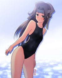Rule 34 | 1girl, absurdres, black one-piece swimsuit, brown eyes, brown hair, commentary request, competition swimsuit, cowboy shot, flat chest, forehead protector, hair intakes, half updo, highres, jintsuu (kancolle), kantai collection, leaning forward, long hair, looking at viewer, one-hour drawing challenge, one-piece swimsuit, solo, standing, swimsuit, tennouji masamichi